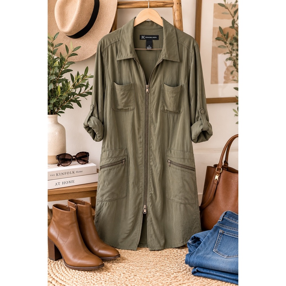 INC 100% Silk Olive Utility Jacket 12 Longline Safari Military Shacket